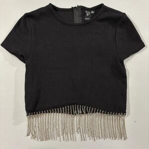 Windsor Top Cropped Swarovski Crystal Fringe Boho Black‎ Short Sleeve Blouse XS
